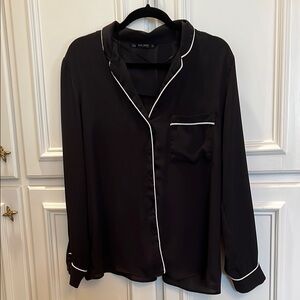 Zara Black Pajama Style Blouse with White Piping